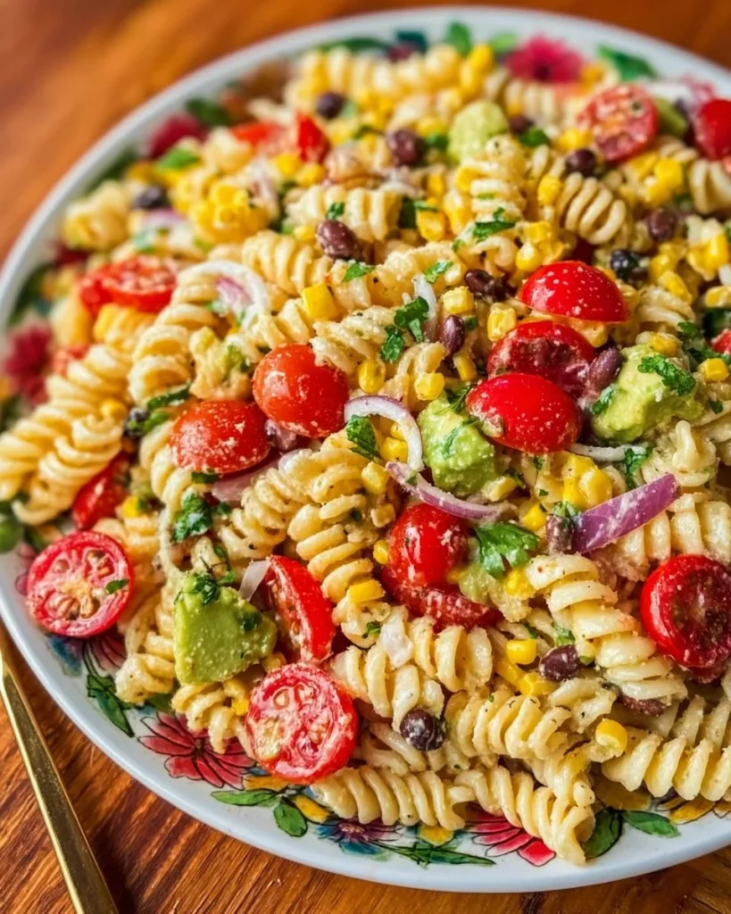 Colorful Mexican Pasta Salad with vegetables and dressing in a bowl