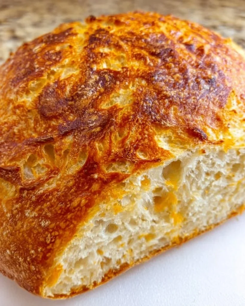 Freshly baked sourdough cheese bread with a golden crust and melted cheese