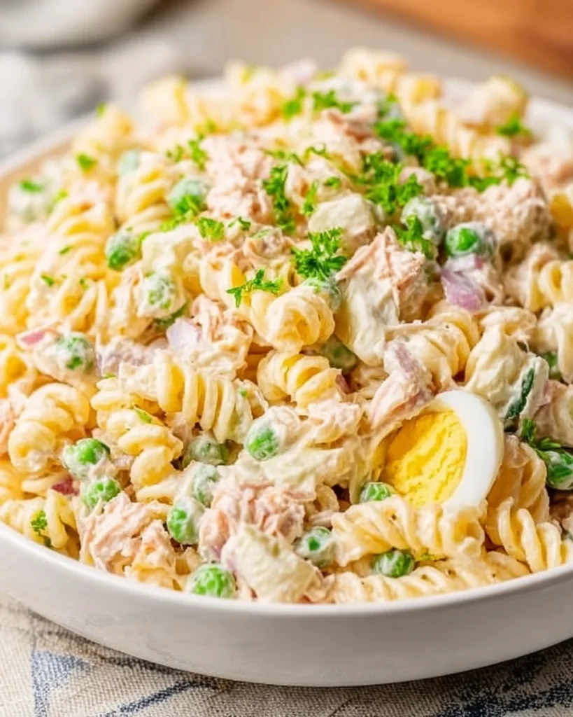 Colorful Tuna Pasta Salad with vegetables and dressing on a plate