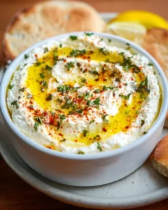 Creamy whipped feta dip served in a bowl with fresh herbs and pita bread.