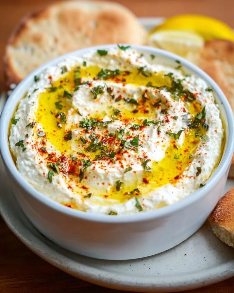 Creamy whipped feta dip served in a bowl with fresh herbs and pita bread.