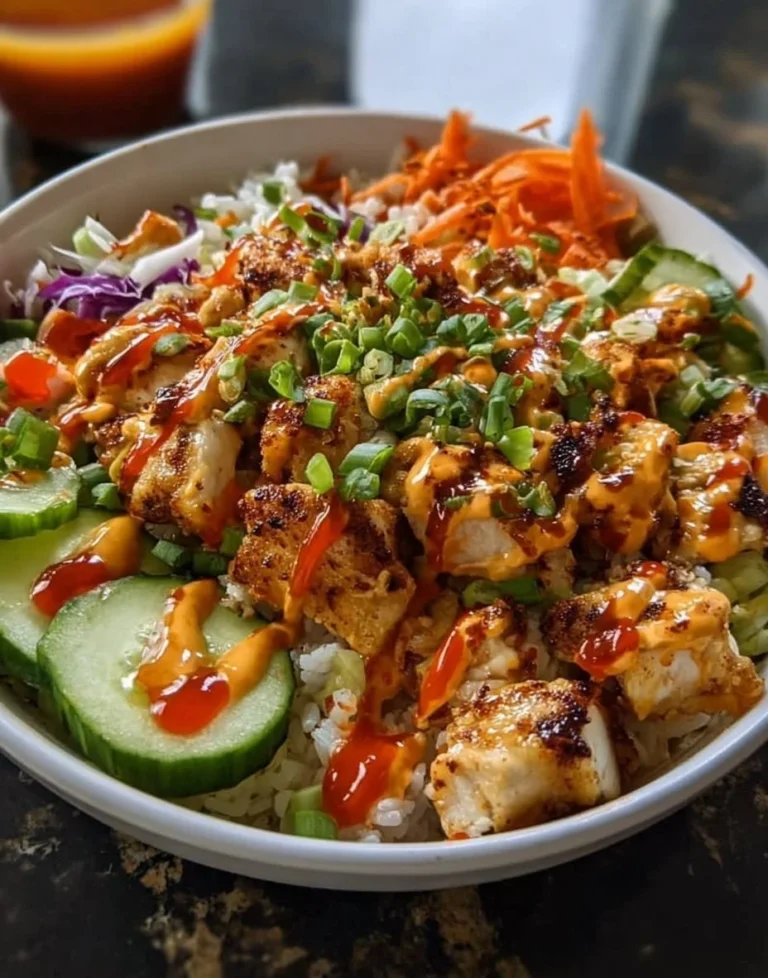 Bang Bang Chicken Bowl served in a colorful dish with fresh vegetables and sauce