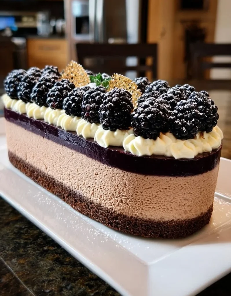 Blackberry Vanilla Bean Mousse Cake with fresh berries and creamy texture