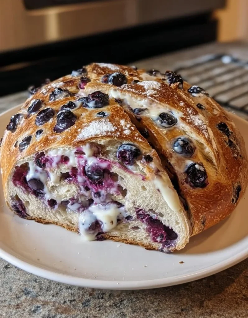 Blueberry lemon cream cheese sourdough bread fresh from the oven