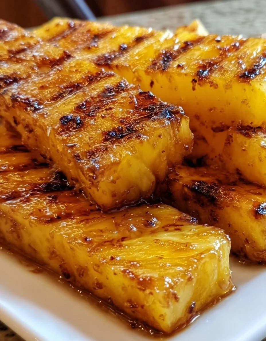 Delicious Brown Sugar Grilled Pineapple slices on a grill
