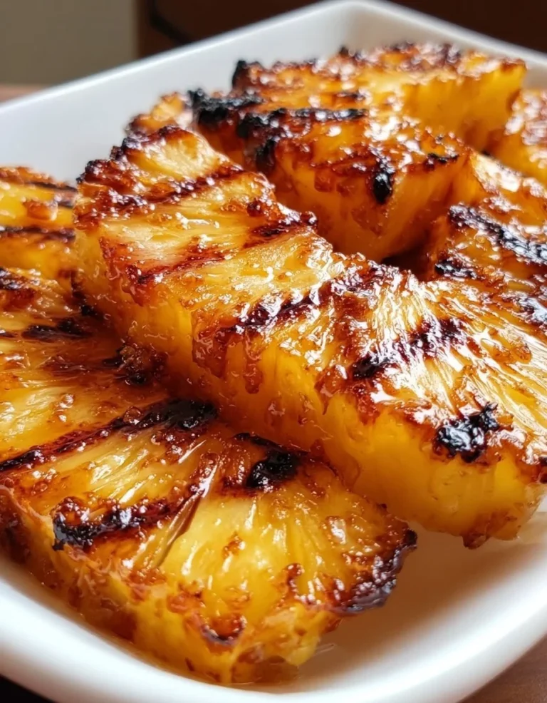 Juicy brown sugar grilled pineapple slices on the barbecue grill.