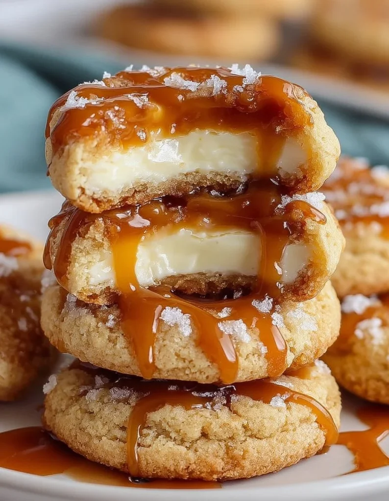 Delicious Caramel Cheesecake Cookies stacked on a plate