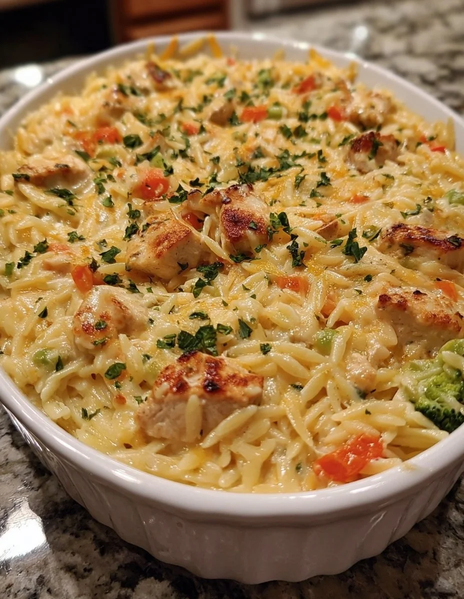 Cheesy chicken orzo casserole topped with melted cheese and herbs