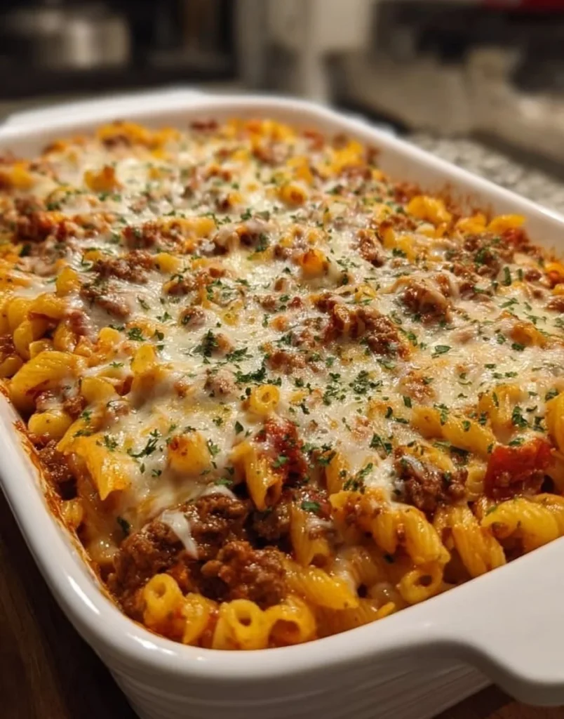 Cheesy ground beef casserole topped with melted cheese and baked to perfection.