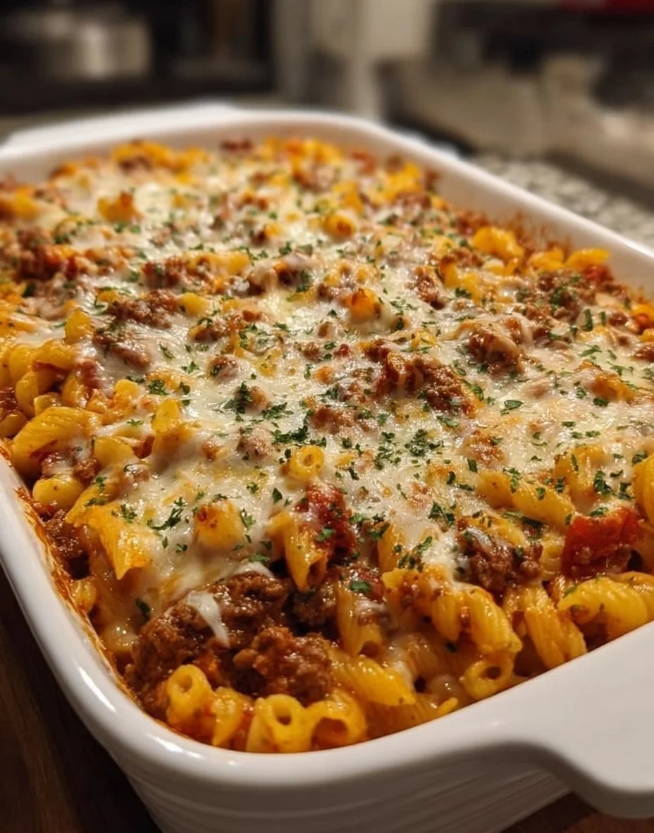 Cheesy ground beef casserole topped with melted cheese and baked to perfection.