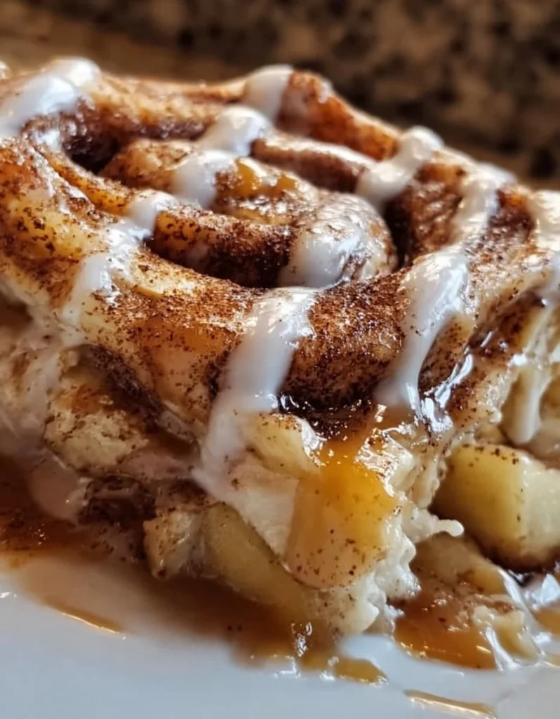 Delicious cinnamon roll apple lasagna with layers of apples, cinnamon rolls, and cream.