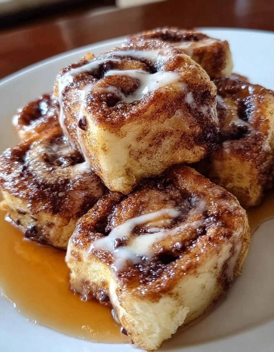 Cinnamon Roll French Toast Bites topped with icing on a plate