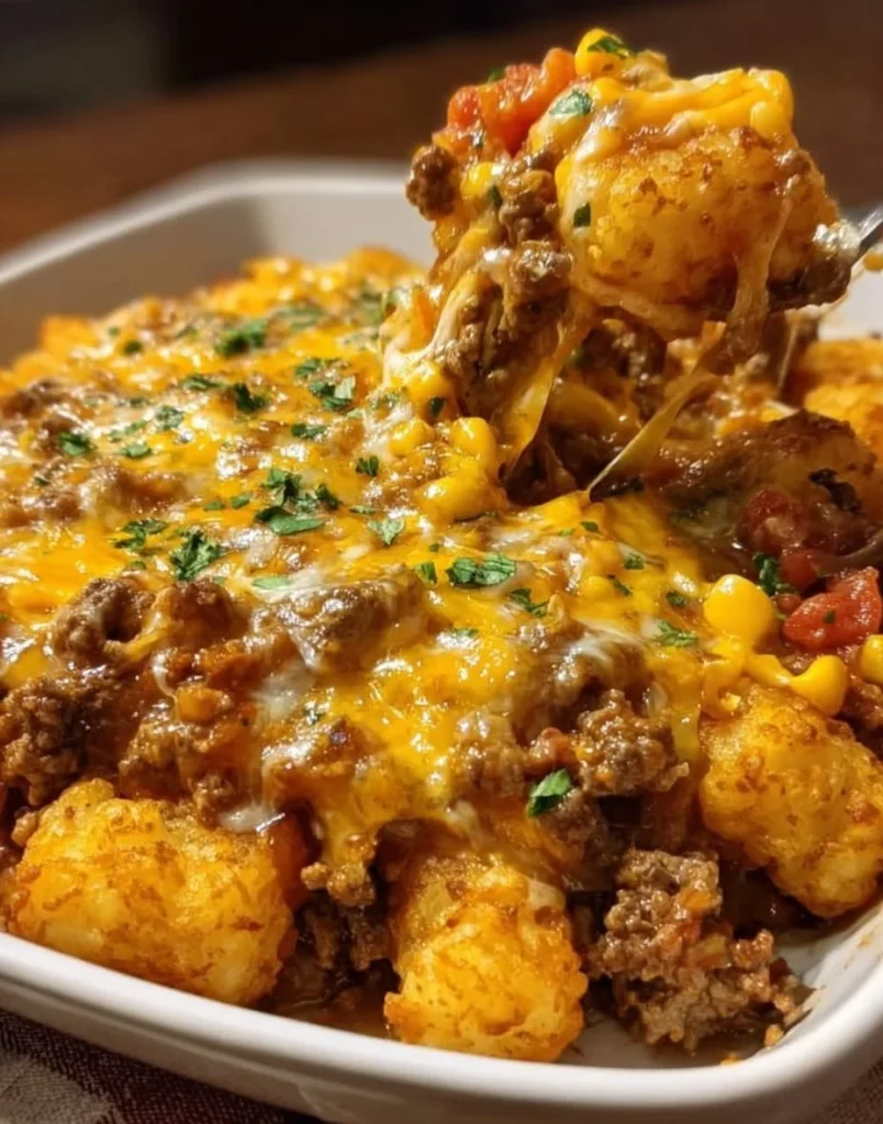 Delicious Cowboy Casserole dish served with toppings in a baking dish.