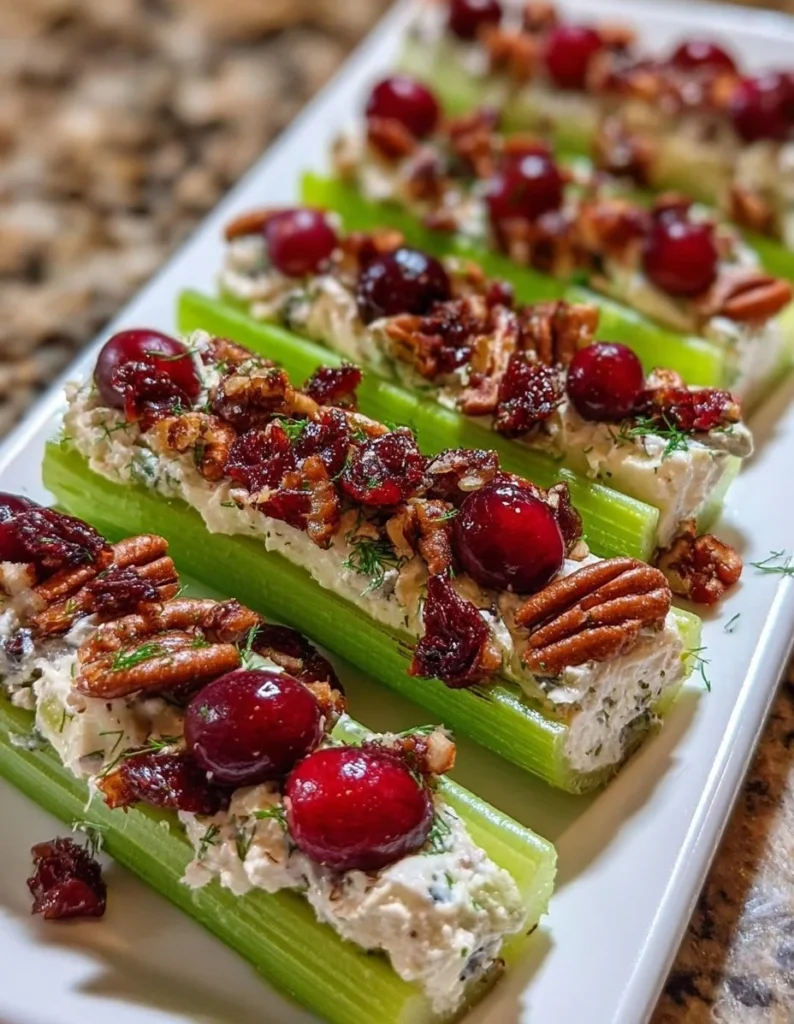 Cranberry pecan cream cheese stuffed celery appetizer presentation