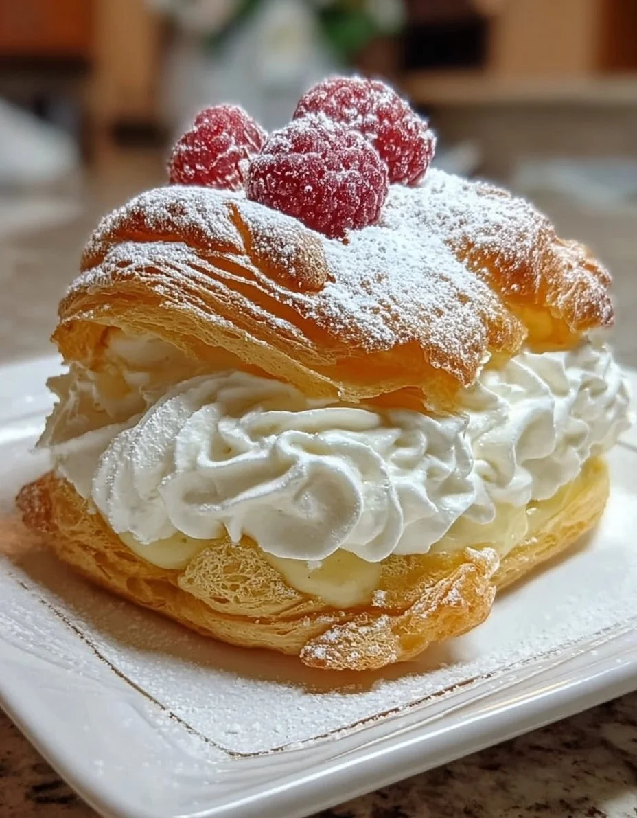 Delicious Cream Puff Cake with layers of cream and pastry on a white plate