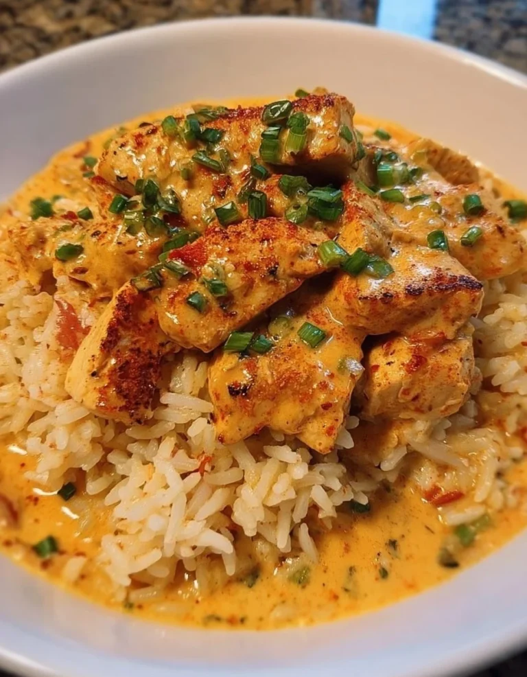 Delicious creamy Cajun chicken served over rice in a vibrant dish