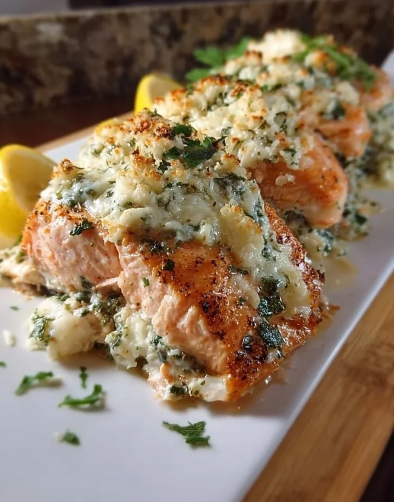 Creamy shrimp stuffed salmon topped with herbs and served on a plate