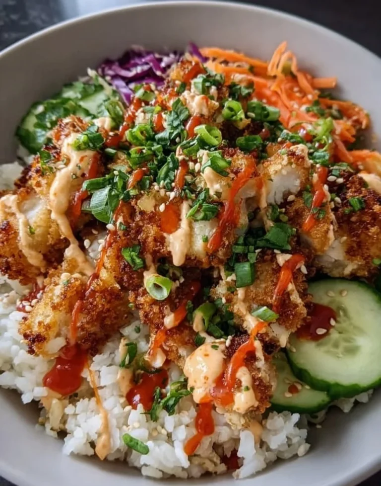 Crispy Bang Bang Chicken Bowl with fresh toppings and savory sauce