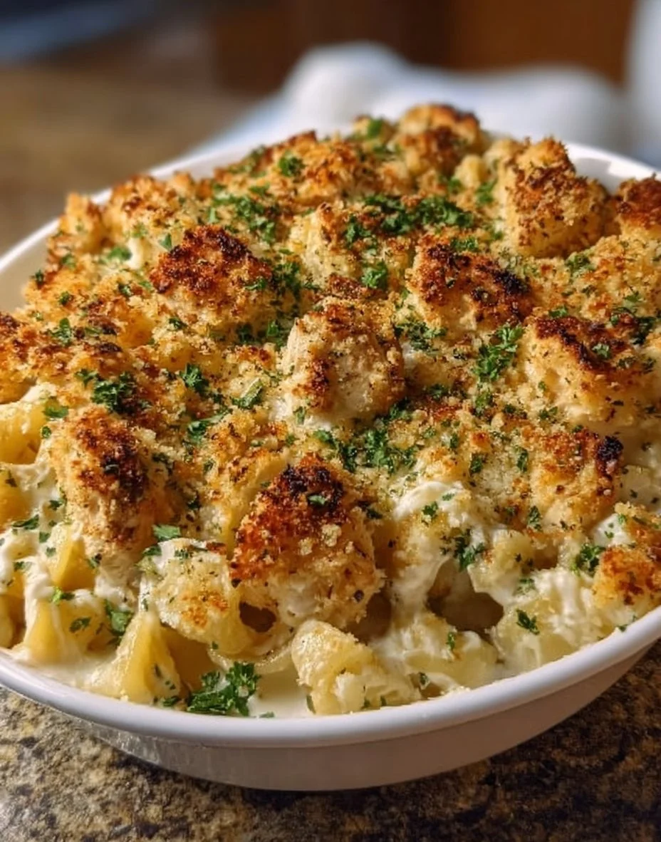 Delicious Crispy Garlic Parmesan Chicken Alfredo Bake served in a skillet.