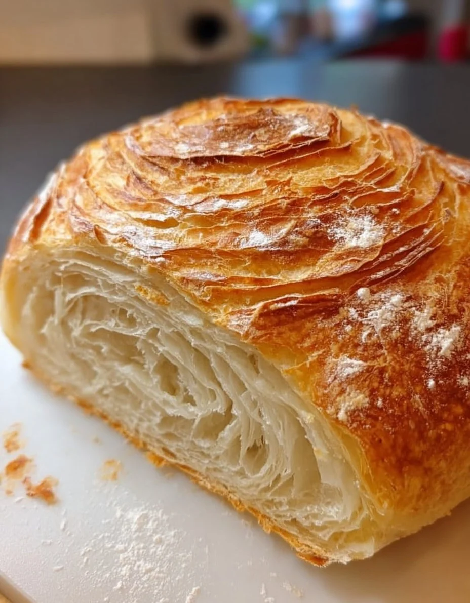 Croissant-Style Sourdough Loaf showcasing flaky layers and golden crust.