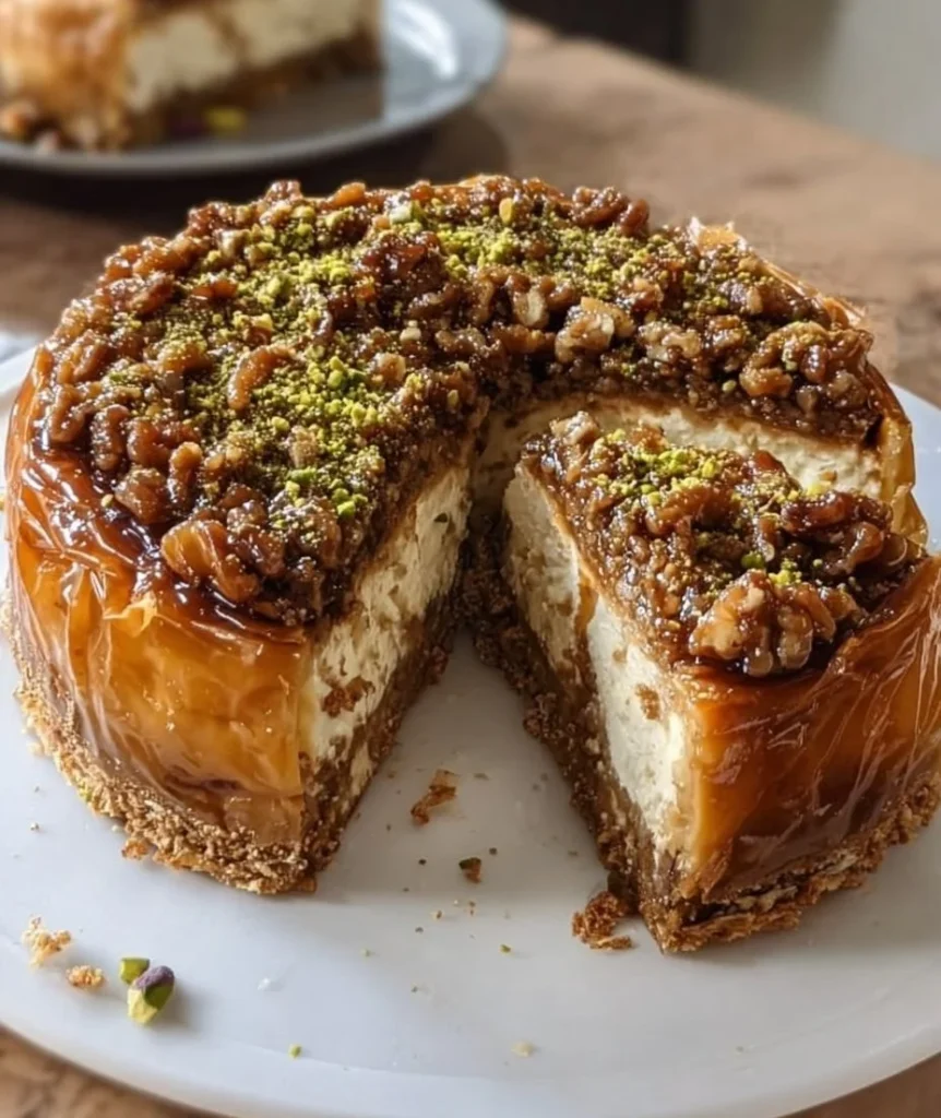 Decadent baklava cheesecake topped with nuts and honey syrup