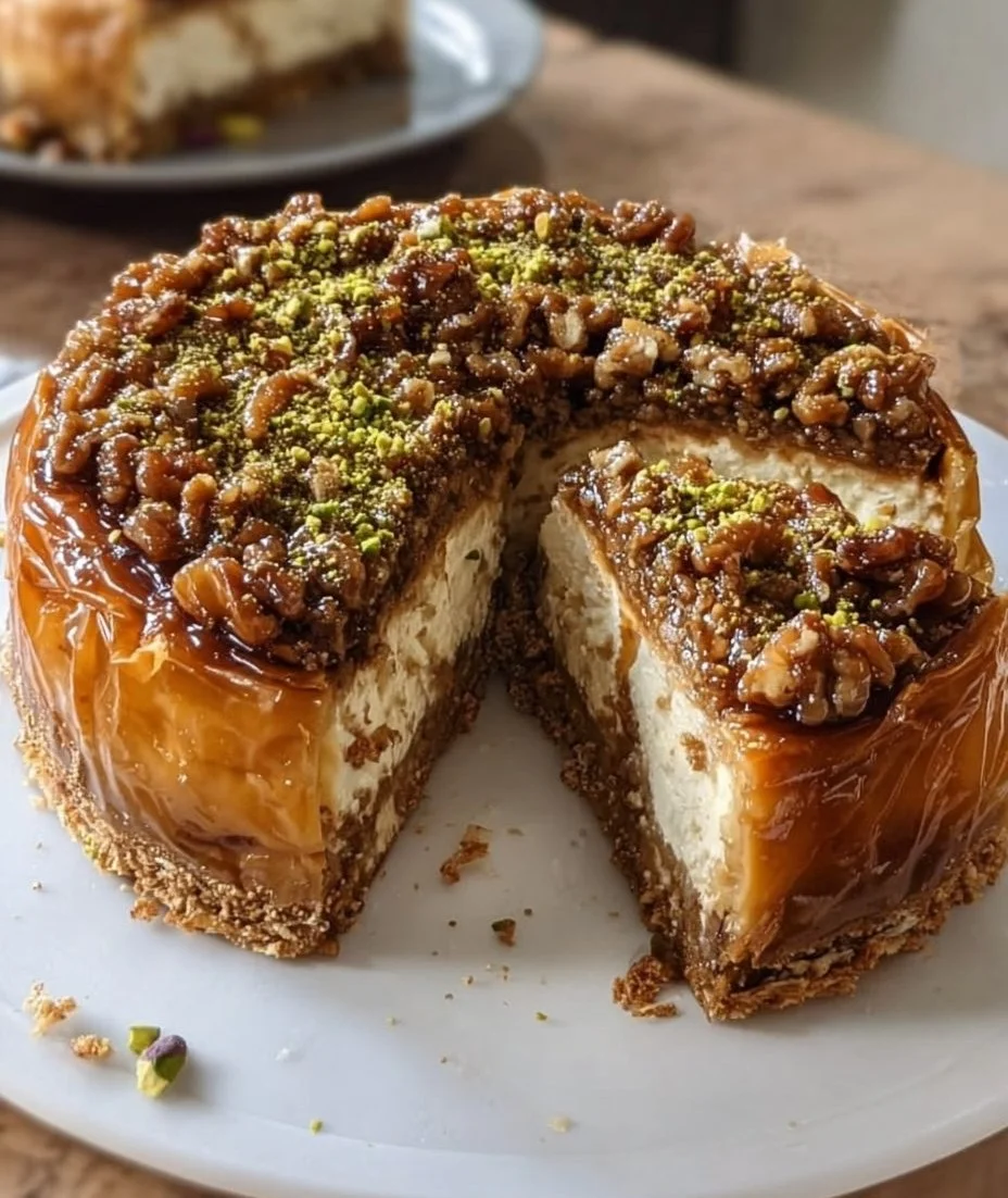 Decadent baklava cheesecake topped with nuts and honey syrup