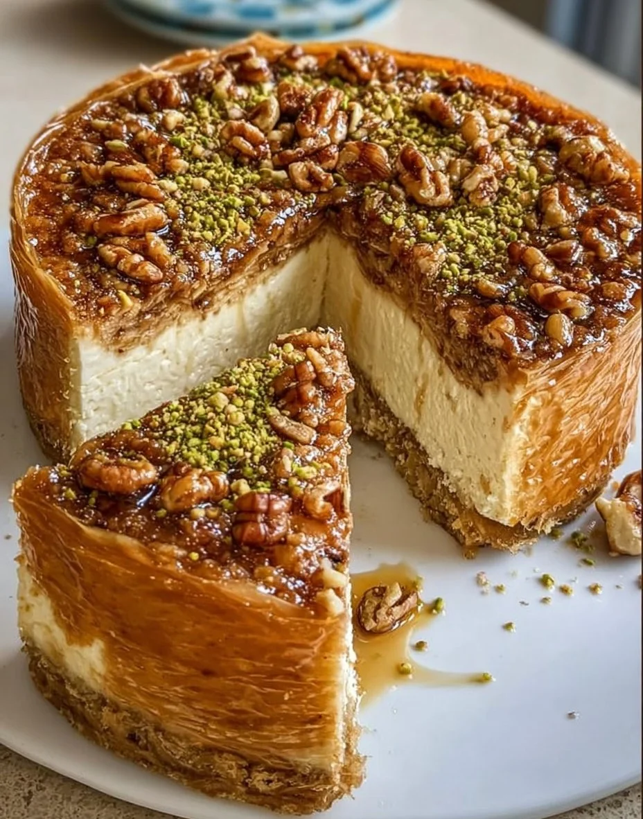 Delicious slice of baklava cheesecake topped with honey and nuts