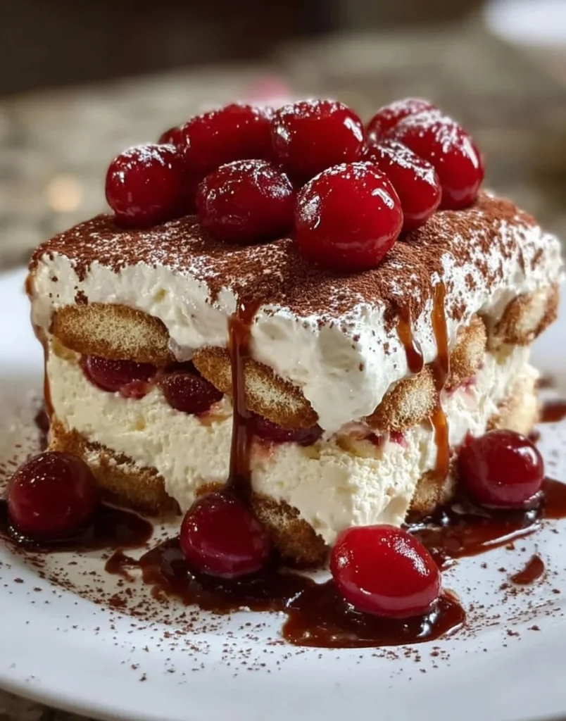 Delicious Easy Cherry Amaretto Tiramisu dessert topped with cherries and amaretto liqueur