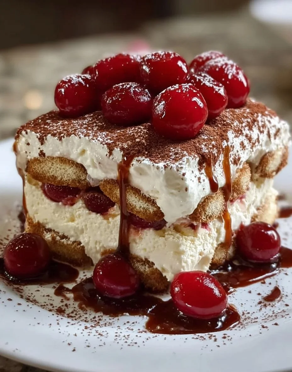 Delicious Easy Cherry Amaretto Tiramisu dessert topped with cherries and amaretto liqueur