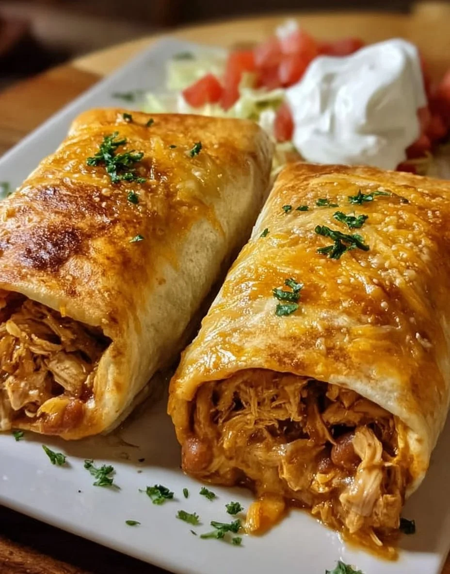 Delicious easy chicken chimichangas with cheesy filling served on a plate