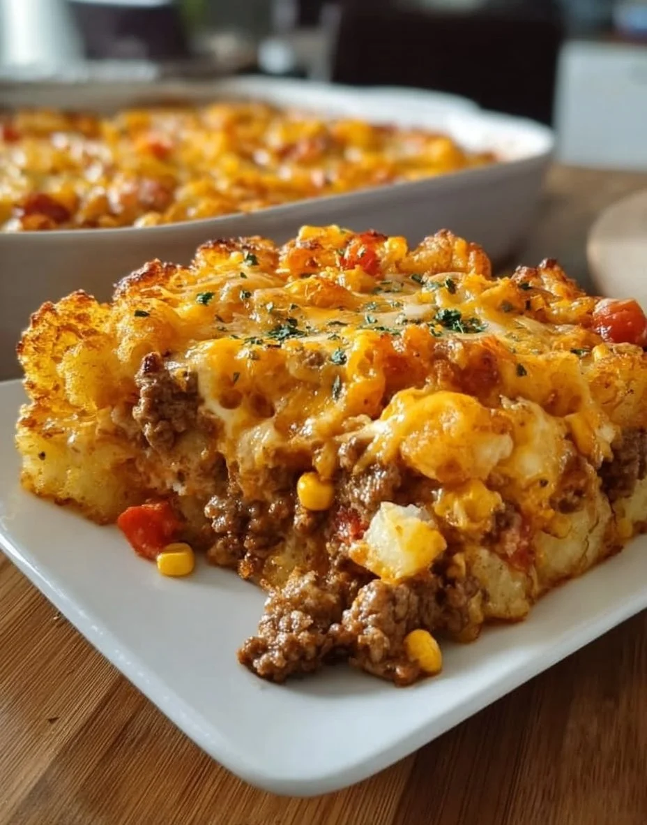 Delicious easy cowboy casserole with crispy potatoes and melted cheese