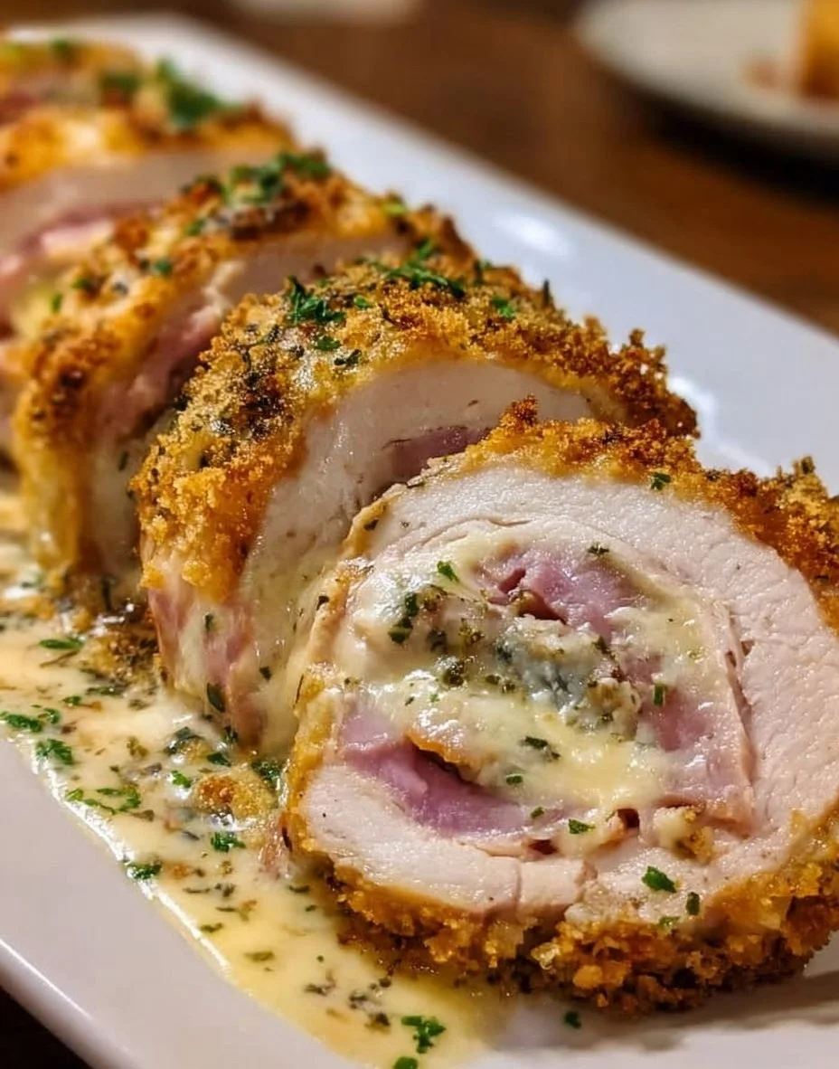 Creamy Chicken Cordon Bleu rolls on a plate garnished with herbs