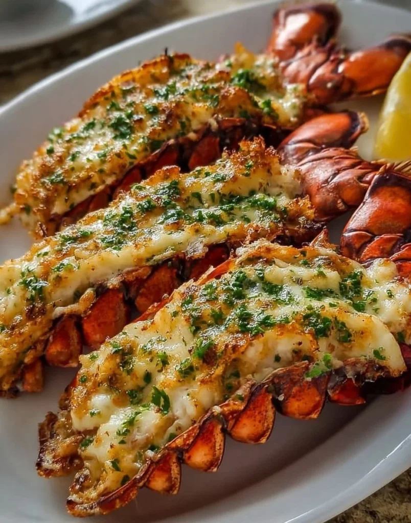 Delicious easy grilled lobster tails ready to serve on a plate.