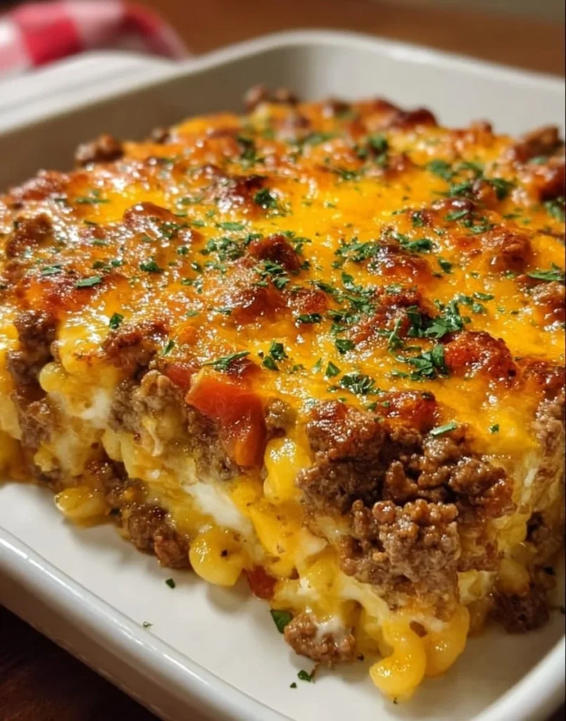 Easy Ground Beef Casserole with creamy cheesy layers baked to perfection.