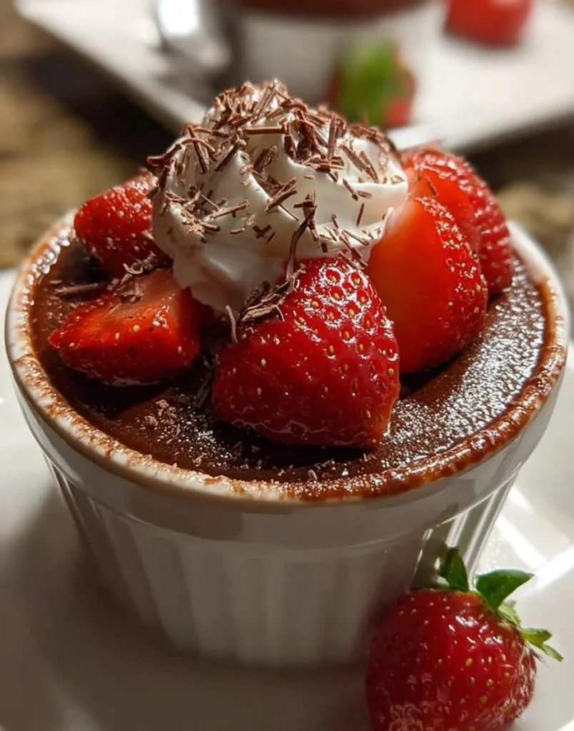 Delicious no bake chocolate strawberry pudding dessert in a glass bowl