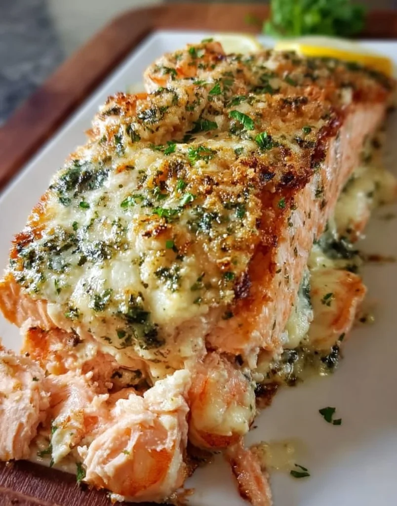 Easy shrimp stuffed salmon recipe with creamy shrimp filling and baked to perfection.