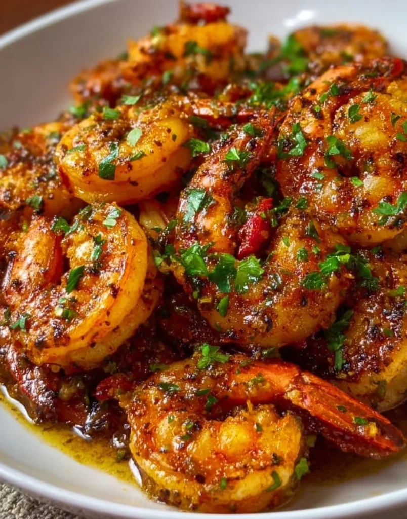 Spicy voodoo shrimp skillet served with rice and garnished with green onions