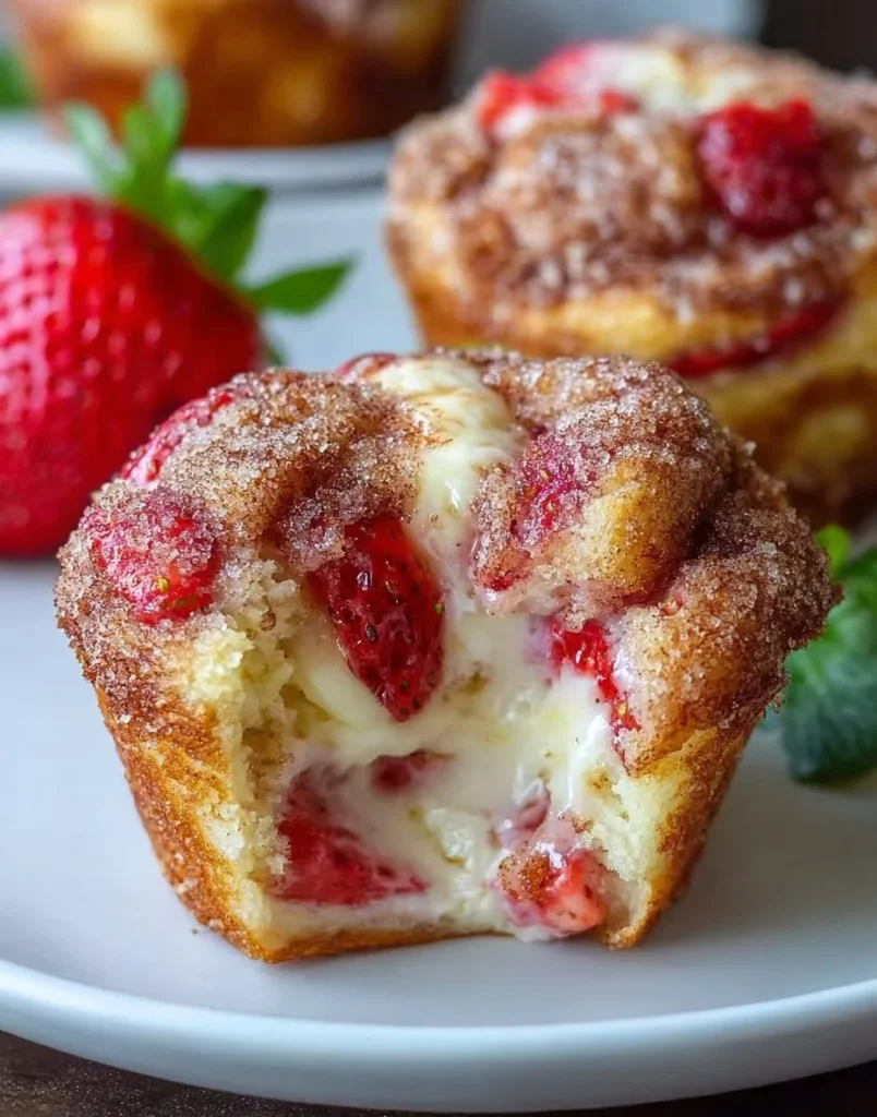 Freshly baked Easy Strawberry French Toast Muffins with strawberries on top