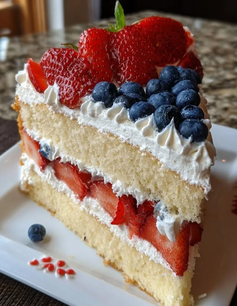 Delicious Flag Cake decorated with fresh berries and whipped cream for celebrations