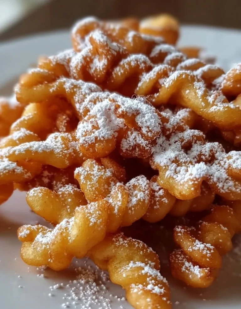 Delicious funnel cake sticks on a plate, dusted with powdered sugar.