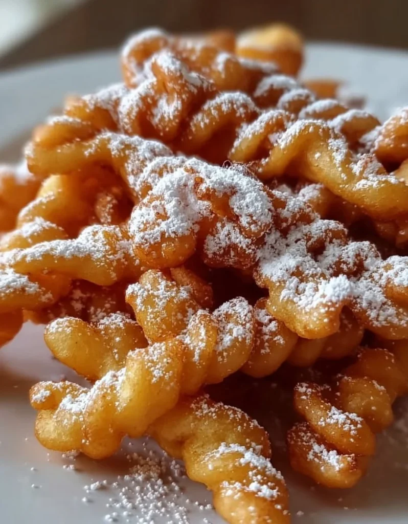 Delicious funnel cake sticks on a plate, dusted with powdered sugar.