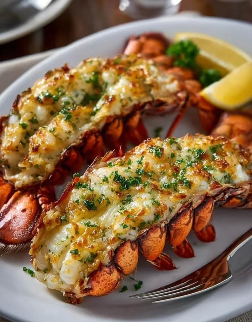 Delicious grilled lobster tails with garlic butter on a plate