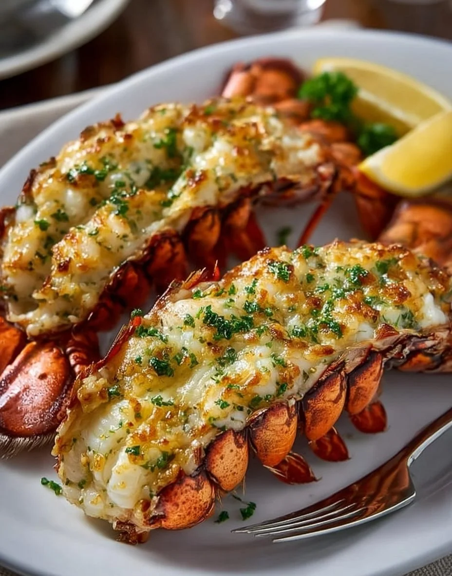 Delicious grilled lobster tails with garlic butter on a plate