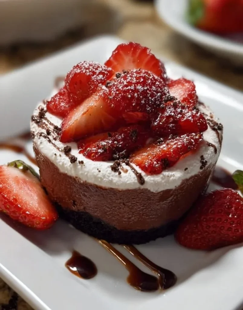 No Bake Chocolate Strawberry Pudding Dessert topped with fresh strawberries