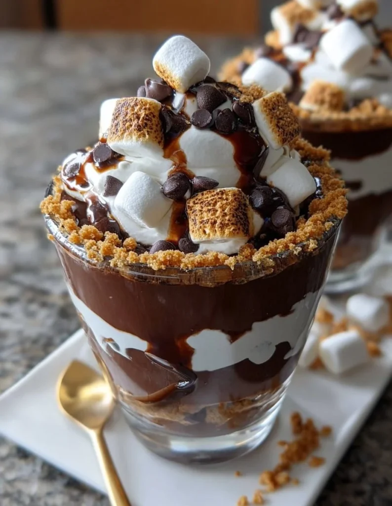 Delicious No Bake S'mores Parfaits layered with chocolate, marshmallow, and graham crackers.
