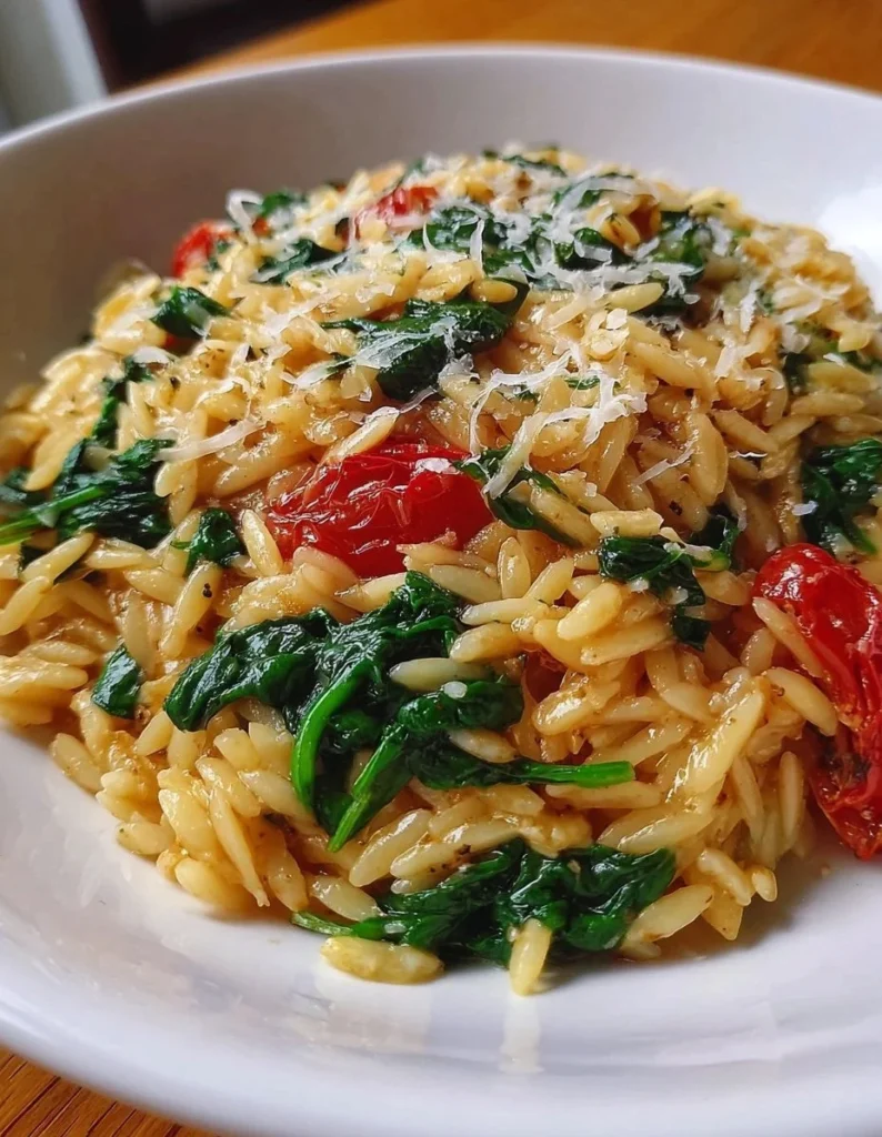 One-Pot Spinach Orzo with Parmesan served in a bowl