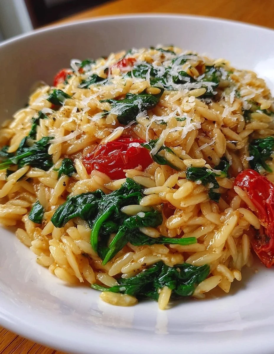 One-Pot Spinach Orzo with Parmesan served in a bowl