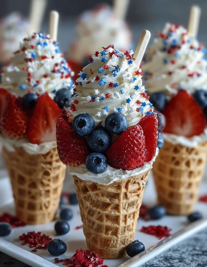 Patriotic fruit cones with red, white, and blue fruits for a festive celebration.