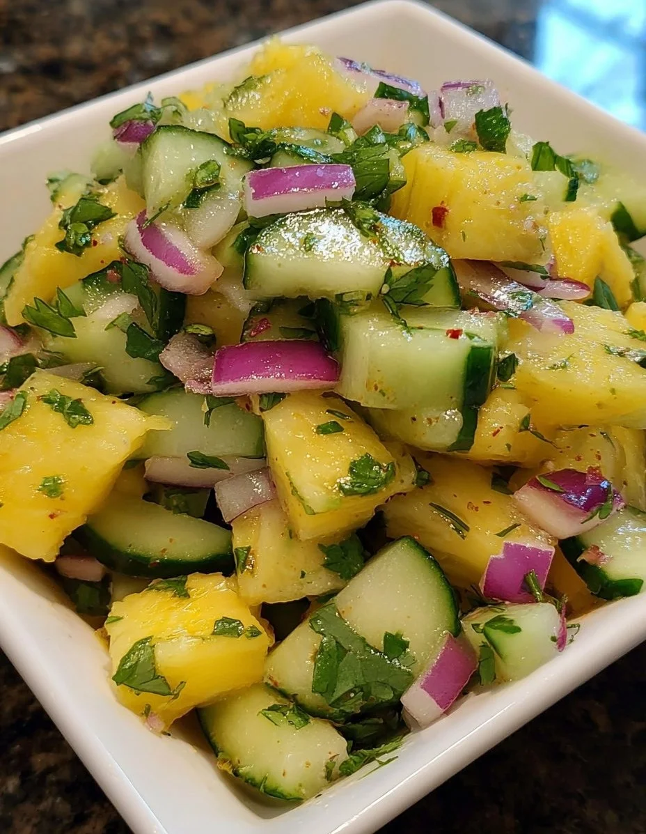 Fresh Pineapple Cucumber Salad with vibrant colors and herbs.