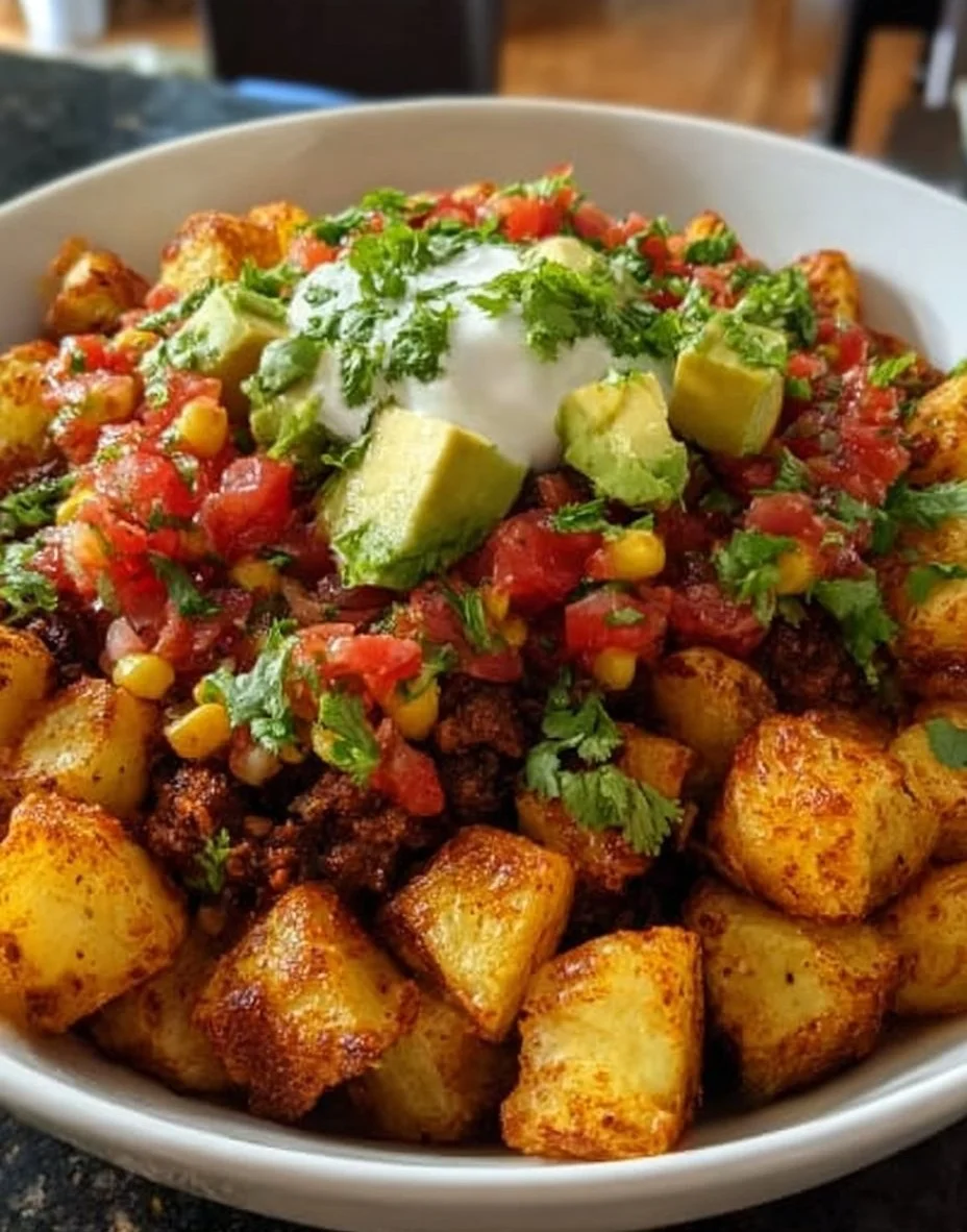 Delicious Potato Taco Bowl topped with fresh ingredients and spices.